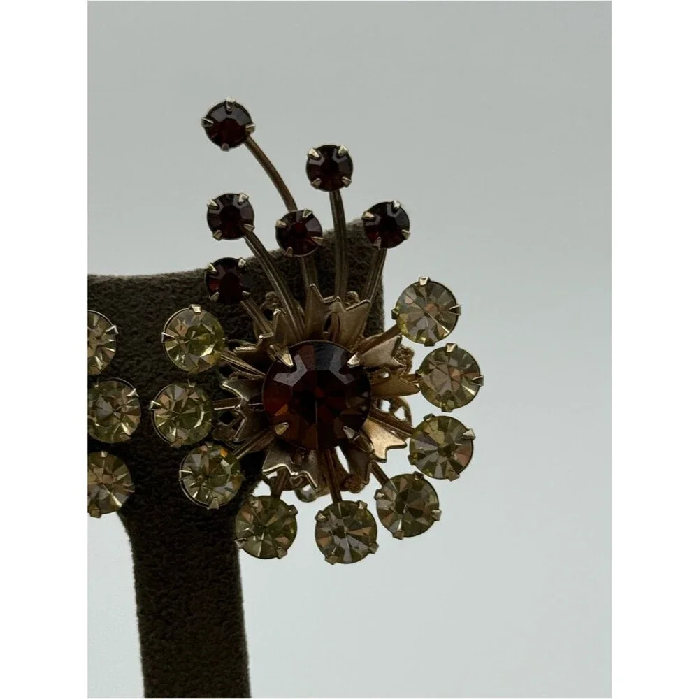 Vintage Floral Cluster Clip-On Earrings - Brown & yellow glass Rhinestones